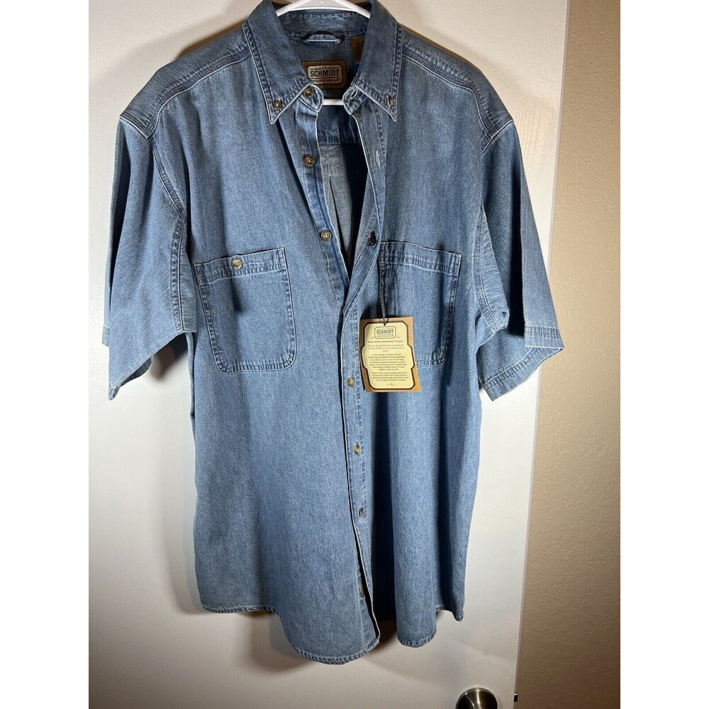 C.E. Schmidt Work Wear Short Sleeve Blue Denim Button Up  Men's Size Large